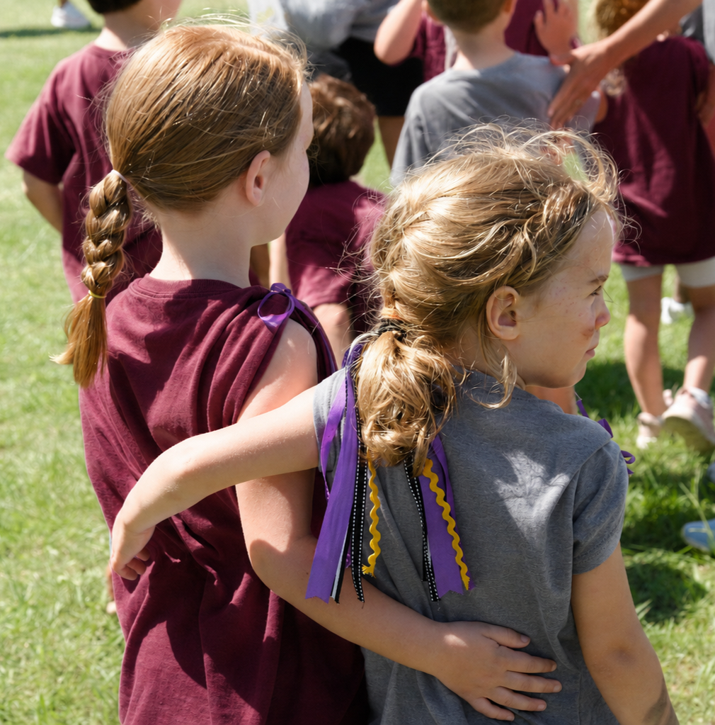 Two young girls with blonde hair, one in a maroon shirt and the other in a gray shirt, holding each other at an outdoor event, surrounded by other children.