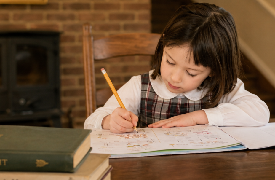 A young girl with brown hair, wearing a plaid dress and white blouse, sitting at a wooden table, coloring or doing schoolwork in a notebook.
