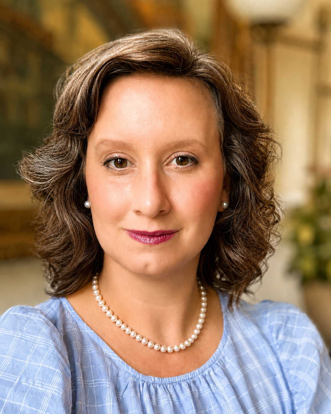 Portrait of a woman with wavy brown hair wearing pearl jewelry and a light blue blouse, indoors with a blurred background.