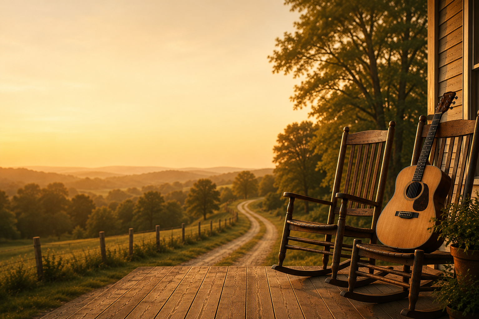 A wooden porch with two rocking chairs and an acoustic guitar overlooking a winding country road at sunset.