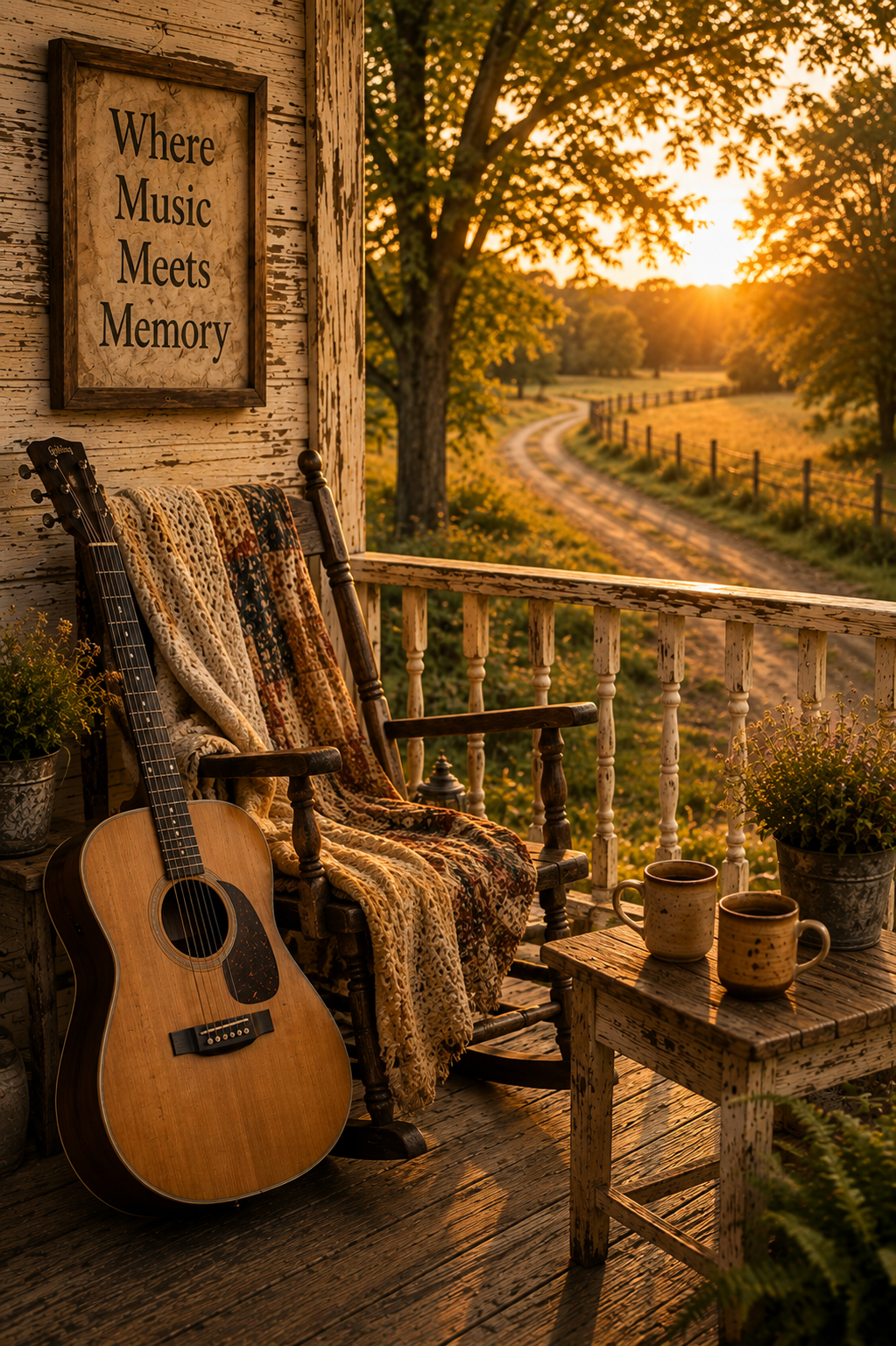 A rustic porch scene at sunset with a guitar leaning against a wooden chair draped with a patchwork quilt, potted plants, two mugs on a small wooden table, and a sign on the wall reading 'Where Music Meets Memory'. The porch overlooks a winding dirt path through a field with trees, illuminated by warm, golden light.