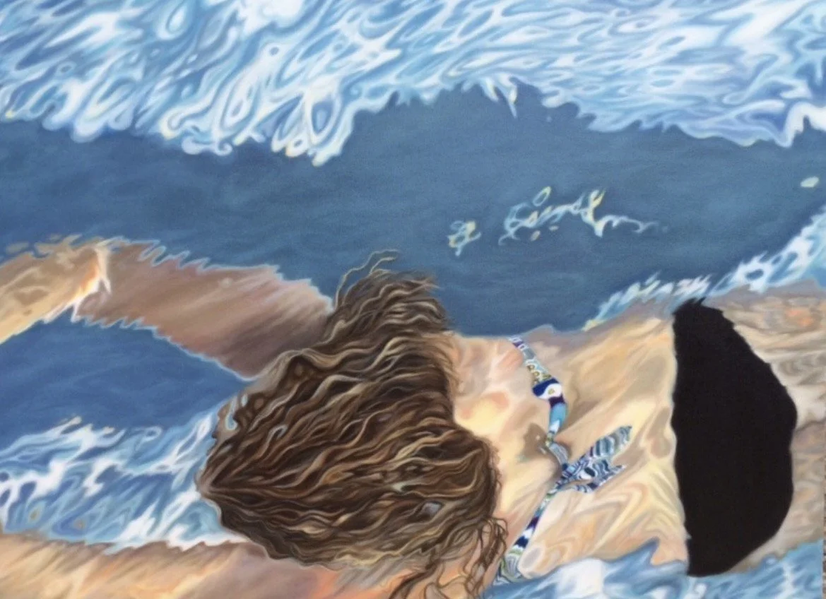 A painting of a woman lying on a beach in the sand with her head resting on her arm and her hair flowing, near the ocean waves.