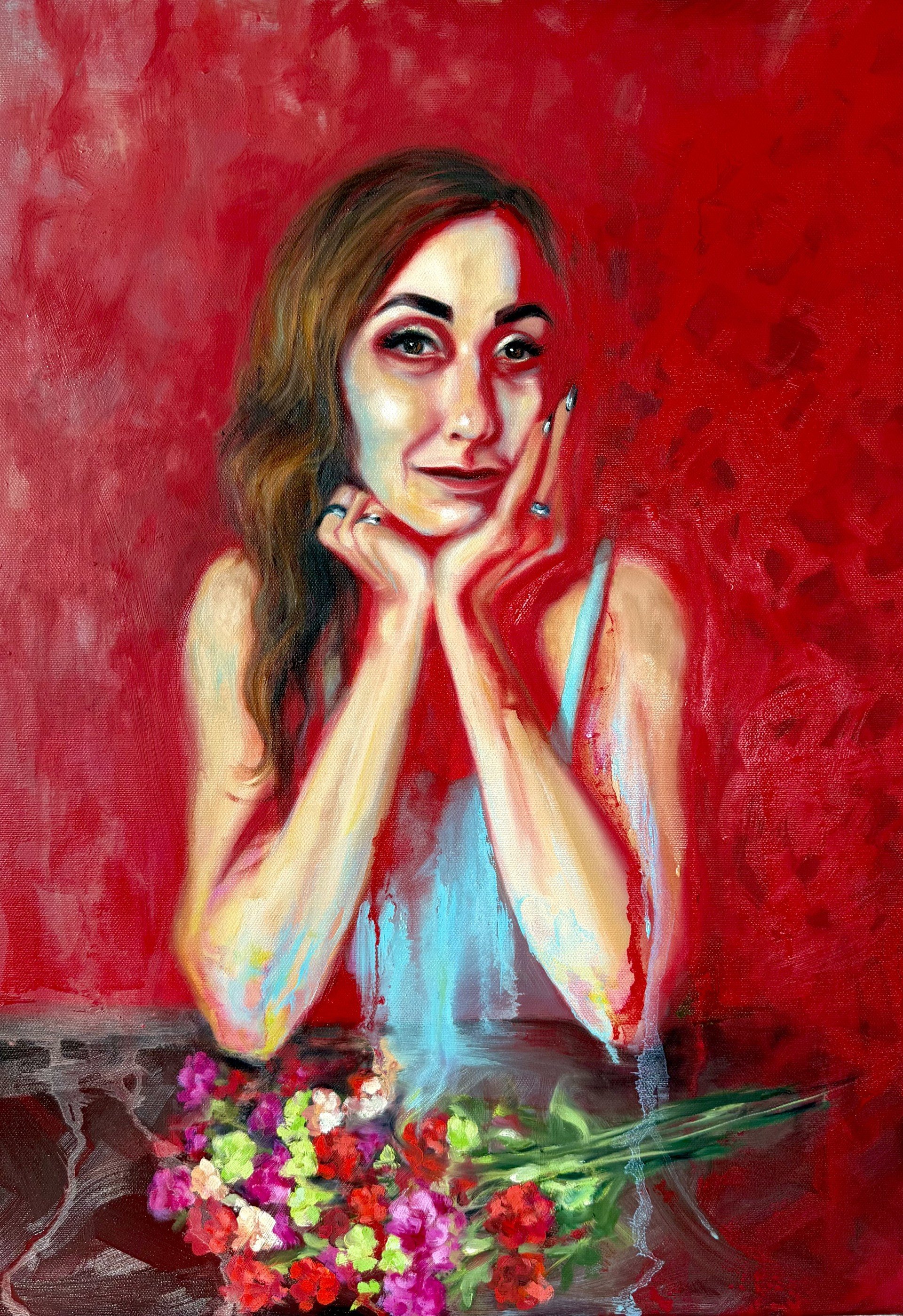 A colorful painting of a woman with brown hair, resting her face in her hands, surrounded by vibrant red background and a bouquet of multicolored flowers.