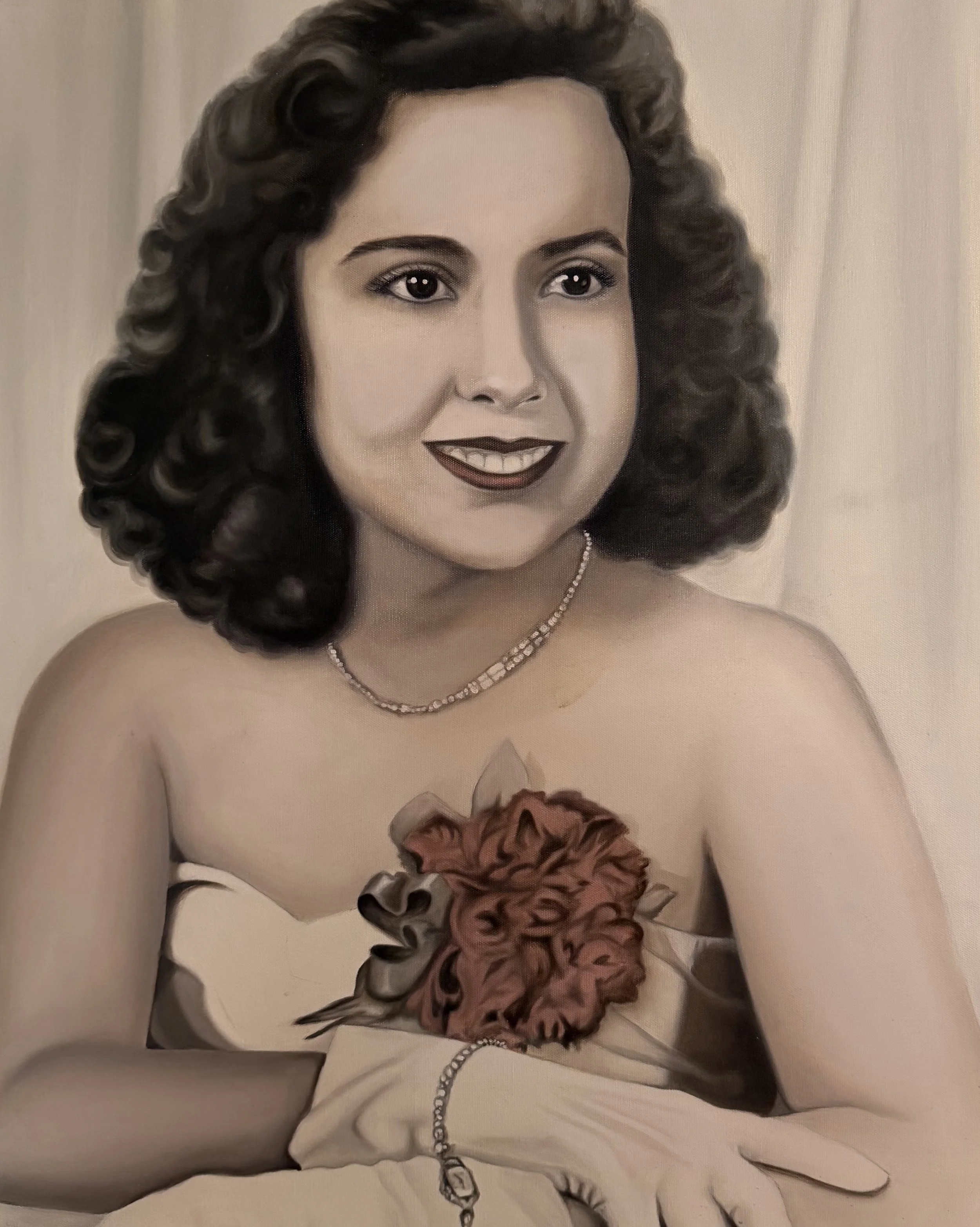 Painting of a woman with curly dark hair, adorned with jewelry, holding a bouquet of pink roses, with a neutral background.