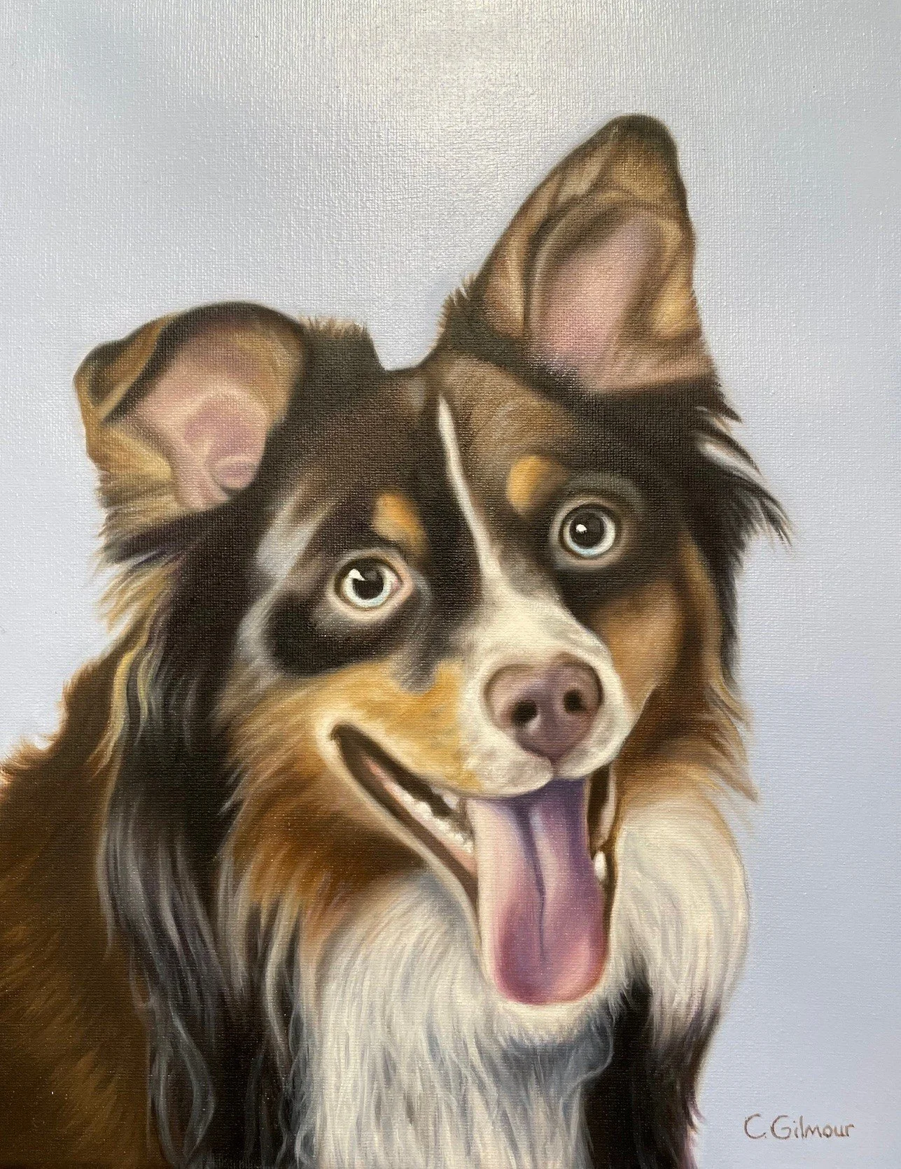 A painting of a happy Australian Shepherd dog with its tongue out, looking playful and friendly.