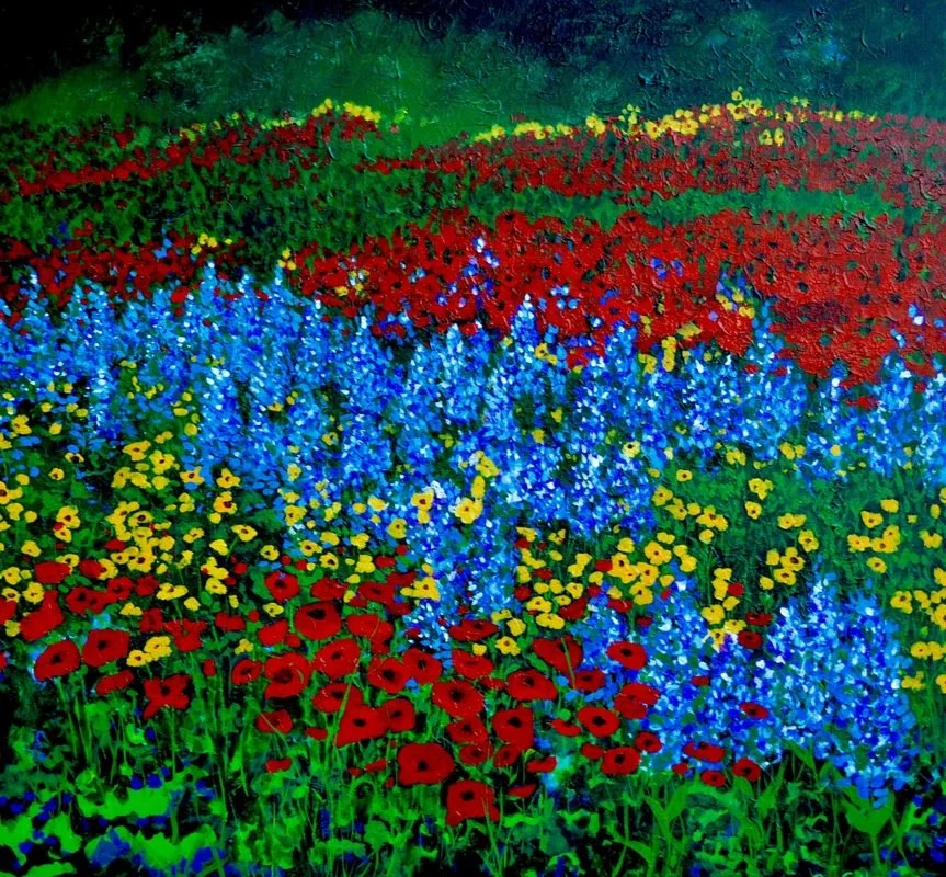 A colorful painted landscape of a garden with rows of red, yellow, and blue flowers under a green sky.