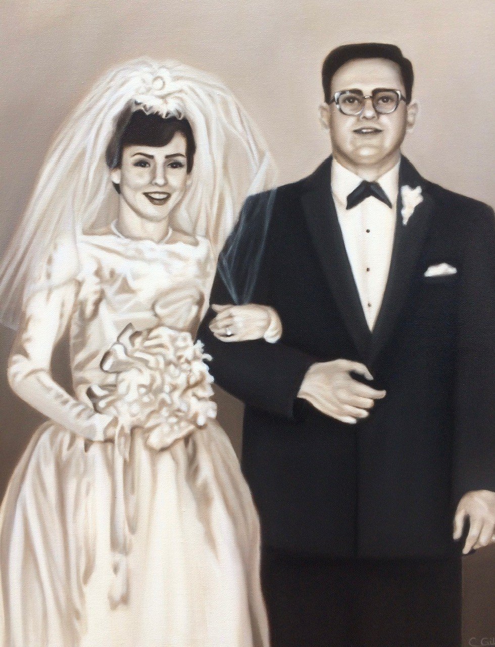 Black-and-white verion of a painting of a bride in a wedding gown and veil holding a bouquet, standing next to a groom in a tuxedo with glasses, both smiling.