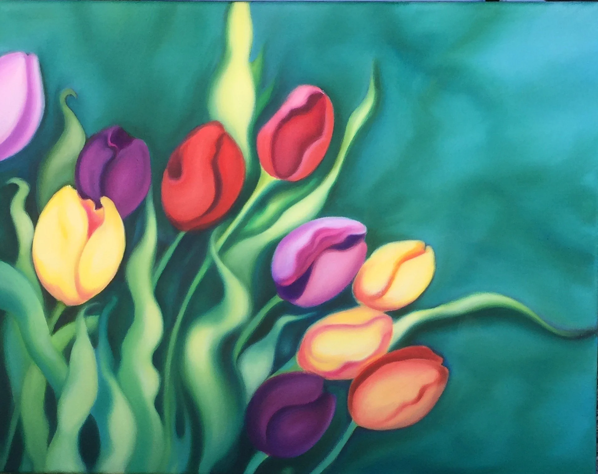 Colorful abstract painting of tulips with green stems and leaves against a blue background.