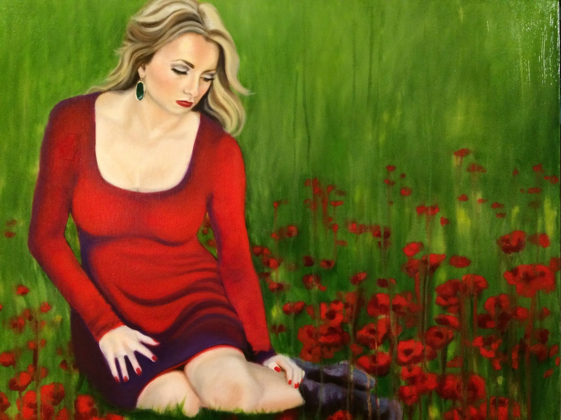 Oil painting of a woman with blonde hair in a red dress sitting with her eyes closed in a field of red poppies against a green background.