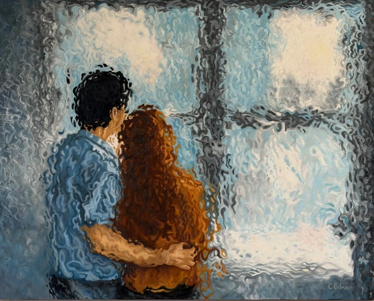 A painterly illustration of a man with dark hair and a woman with long curly red hair looking out of a foggy window, with their arms around each other.