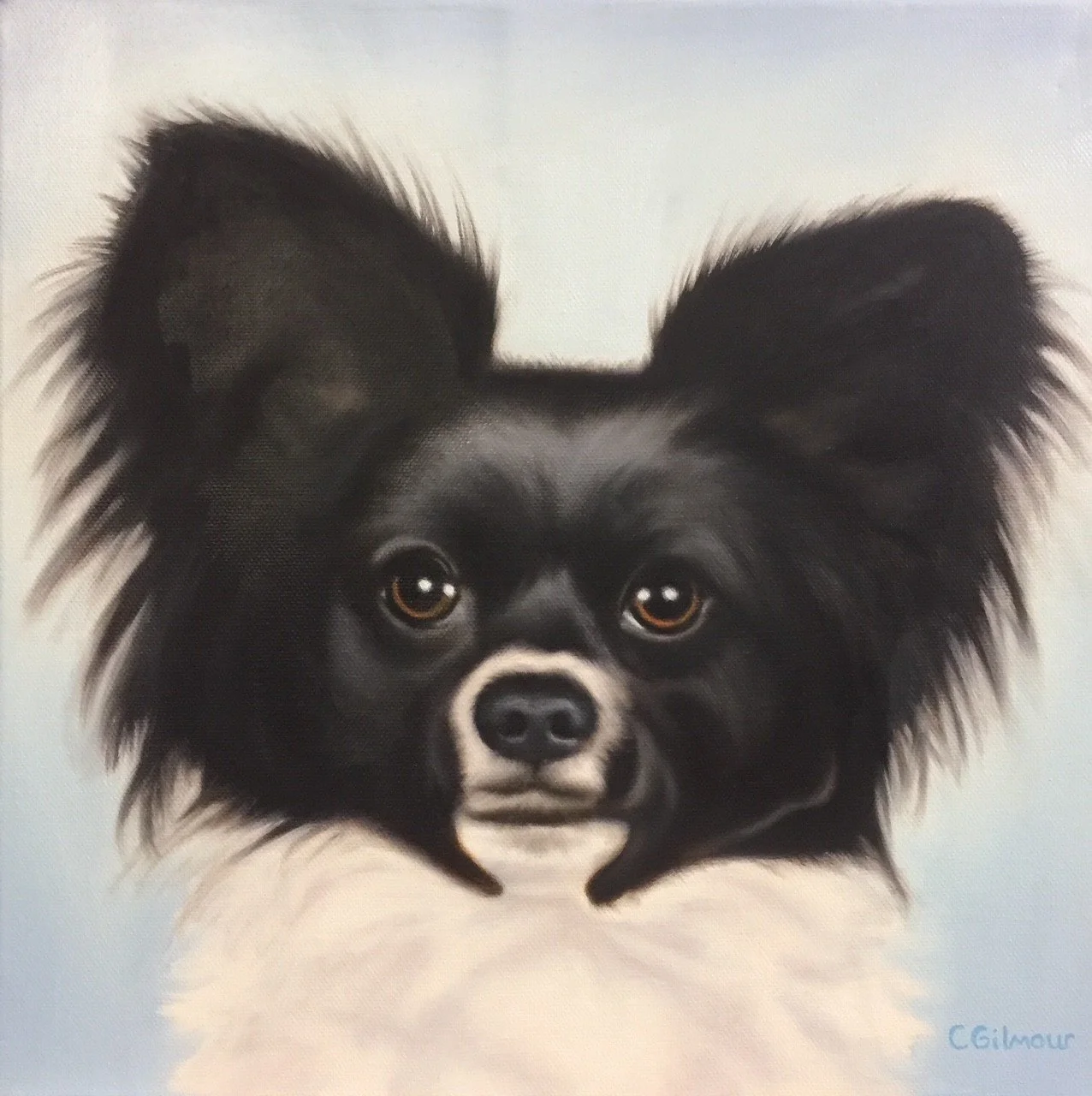 Painting of a black and white Chihuahua with large ears and brown eyes, resting its head on a white surface.