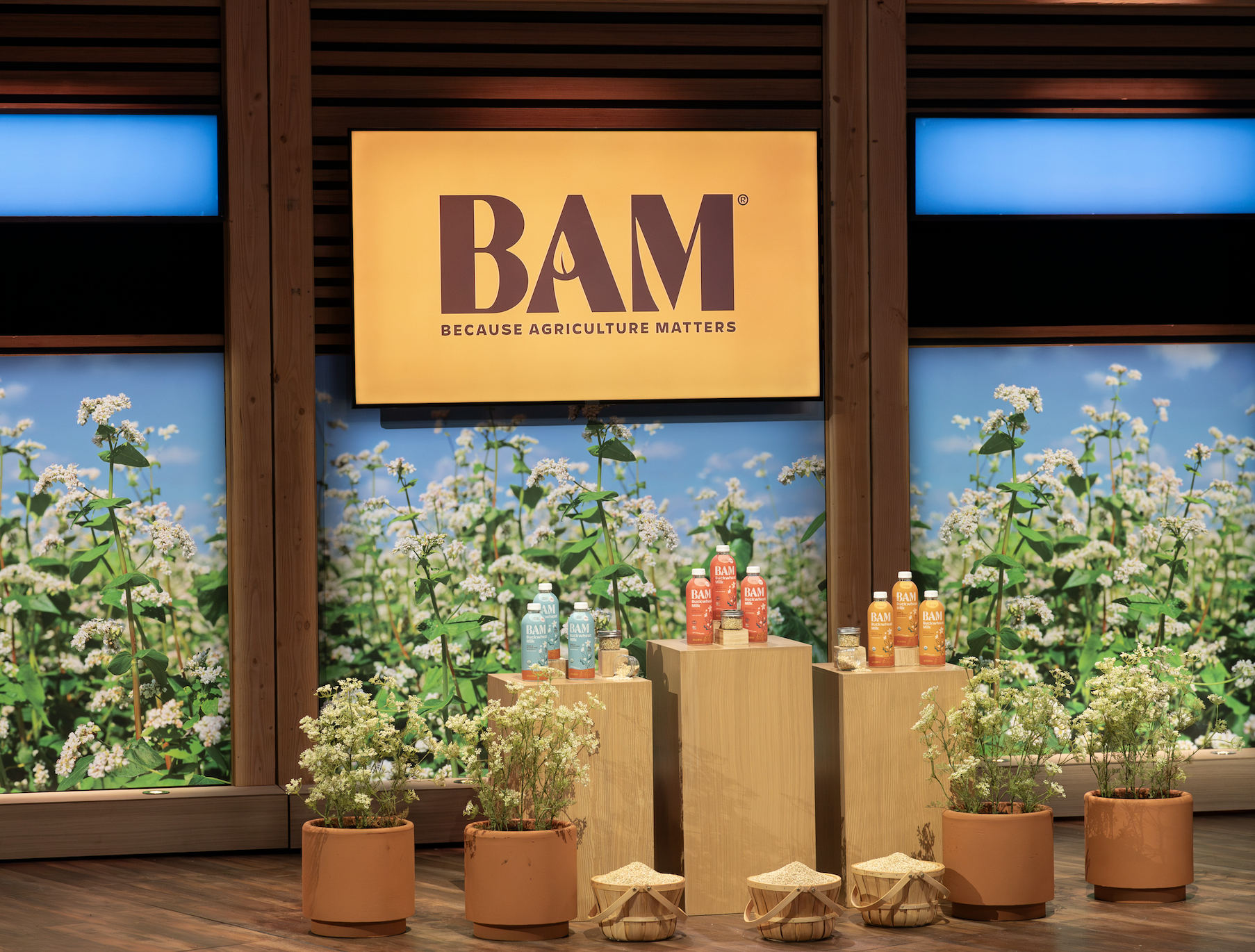 Display of BAM plant-based products with a backdrop of flowering plants and a orange sign that reads 'BAM Because Agriculture Matters'.