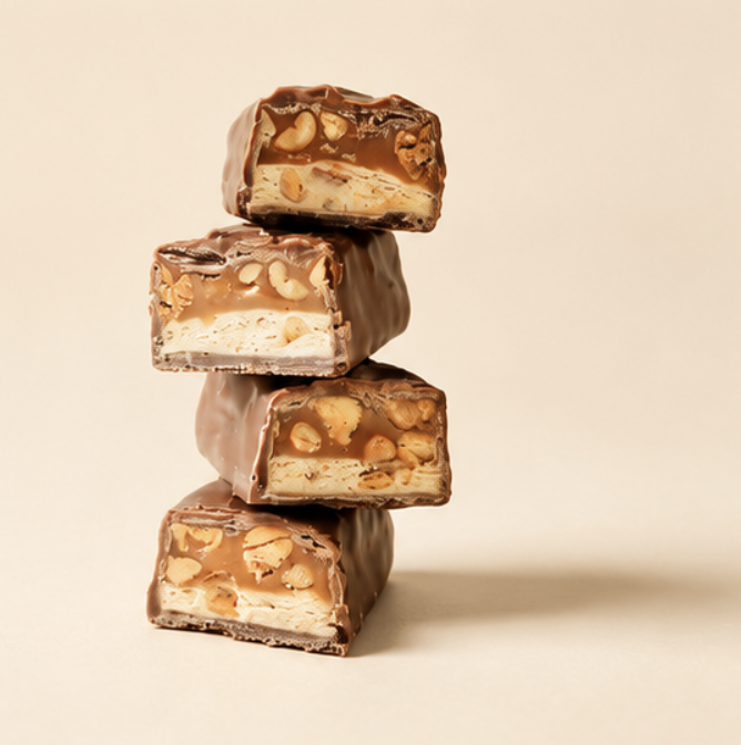 Close-up of a broken chocolate bar surrounded by scattered cocoa beans on a white surface.