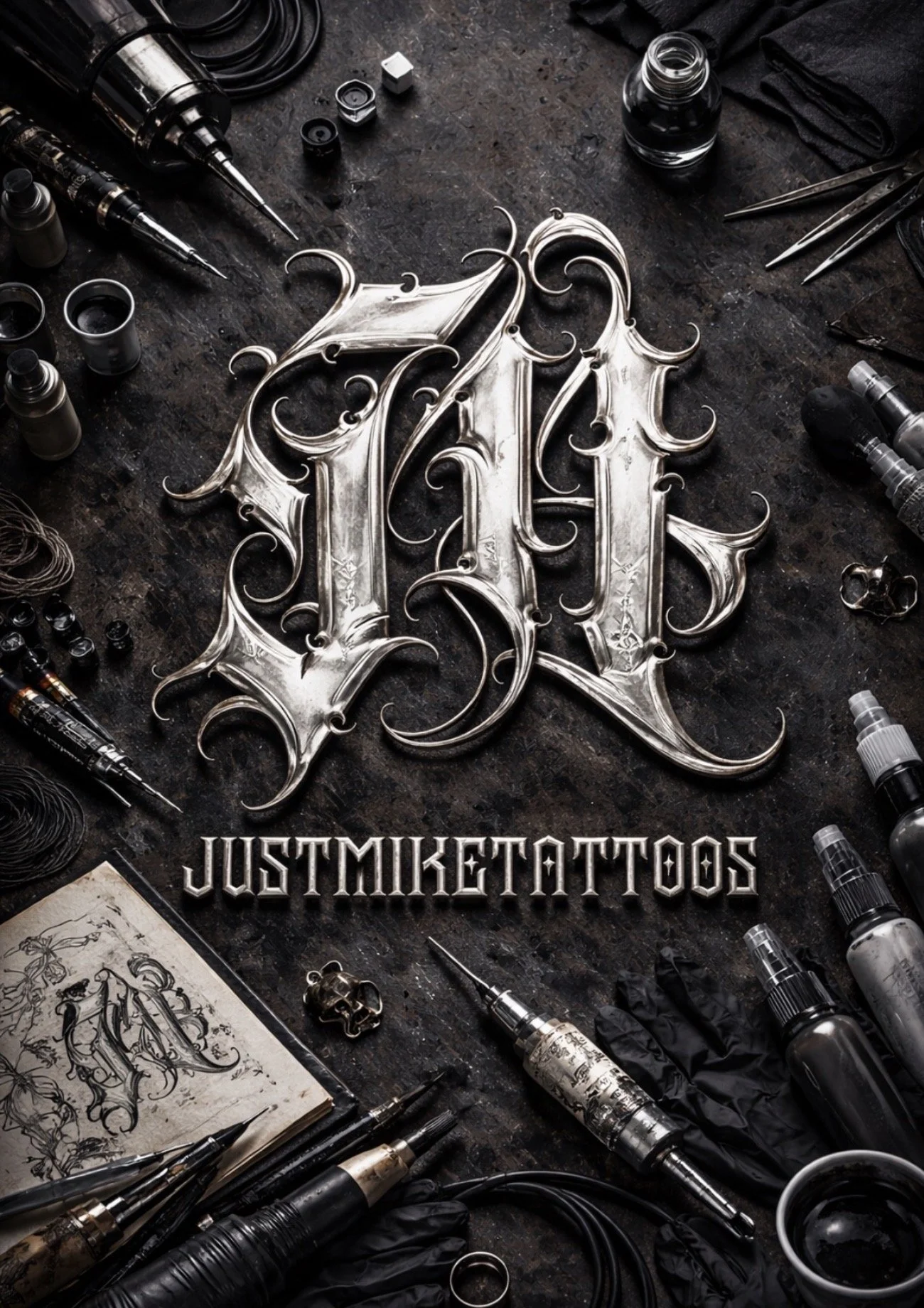 A metal tattoo logo with various tattoo tools and inks surrounding it on a dark work surface.