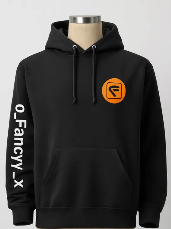 Black hoodie with orange logo on the chest and white text on the sleeve that reads 'O.Fancy X'.