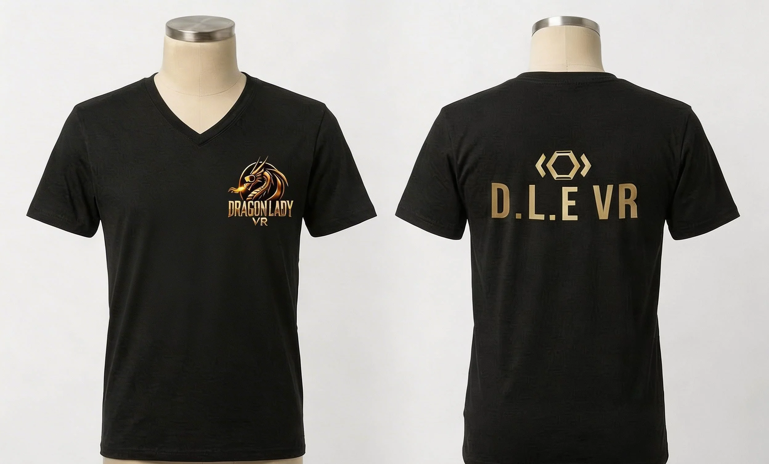 Black V-neck T-shirt displayed on a mannequin with front and back views. The front features a colorful dragon logo with the text "DRAGON LADY VR" underneath. The back has a gold hexagon and arrow design above to the right of the text "D.L.E VR".