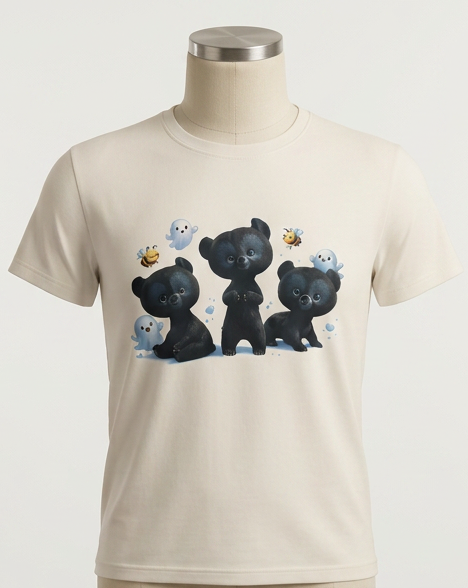 Cream-colored T-shirt with a graphic of three black bear cubs and bees, with small ghosts or spirits around them.
