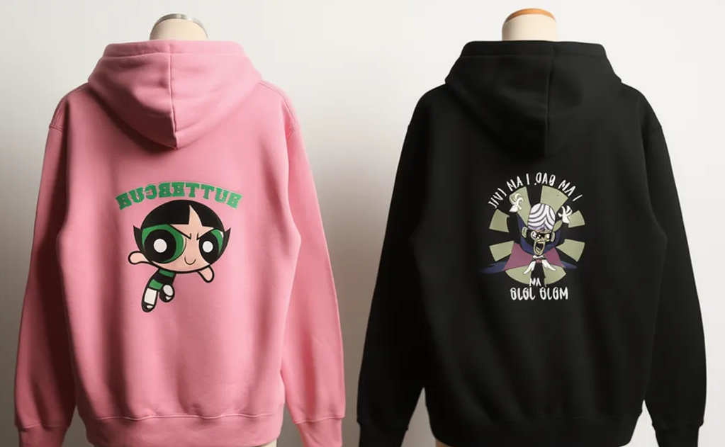 Two hoodies on mannequins, one pink with a cartoon character and the word 'BUBBLEGUM' upside down, and one black with a cartoon villain character.