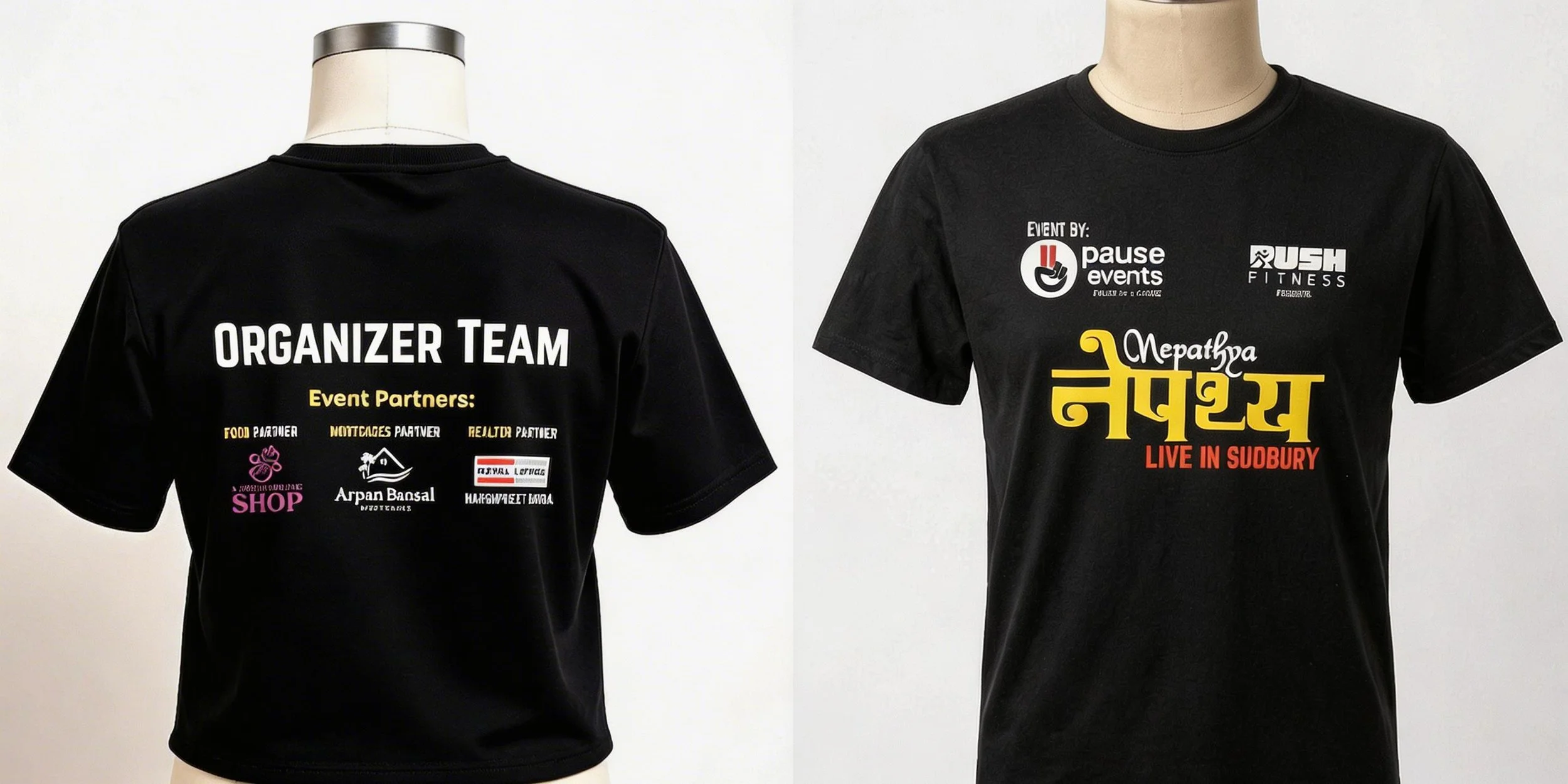 Black T-shirt with logos and text for an event, featuring the organizer team on the back and various sponsors, and text on the front with event details and sponsors.