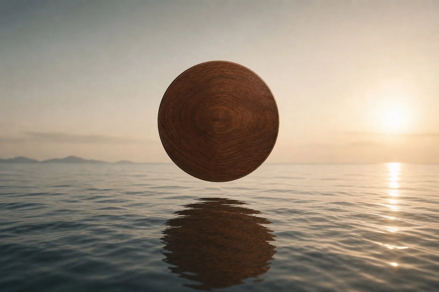 A round wooden disc floating above water during sunset with its reflection visible on the water surface.