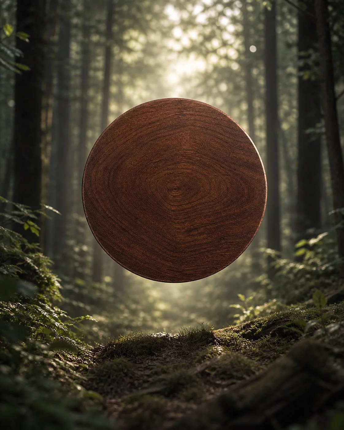 A circular wooden log floating in mid-air in a forest with sunlight filtering through tree branches.