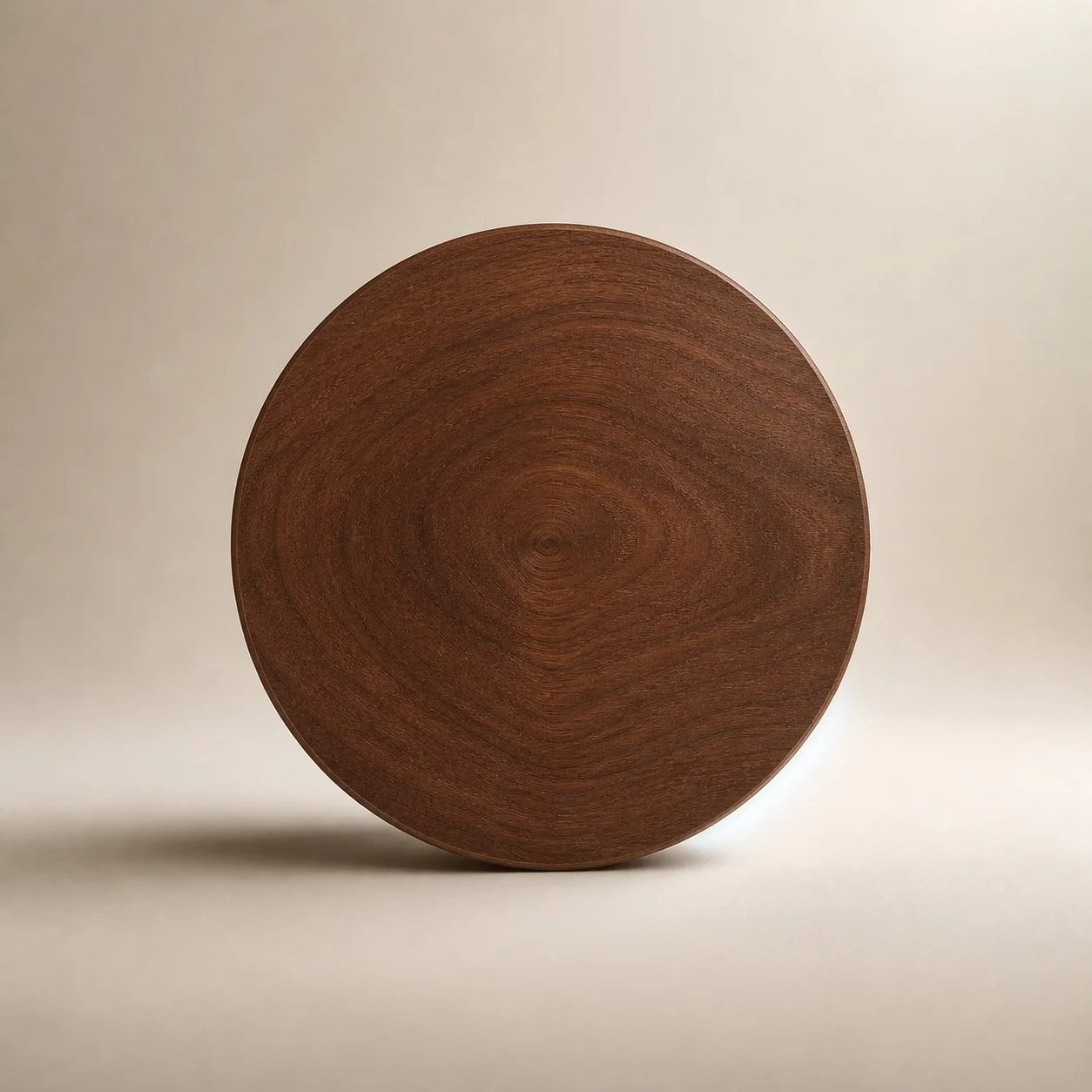 A round wooden object, possibly a table or a cutting board, with a smooth surface and wood grain pattern facing upwards, set against a plain neutral background.