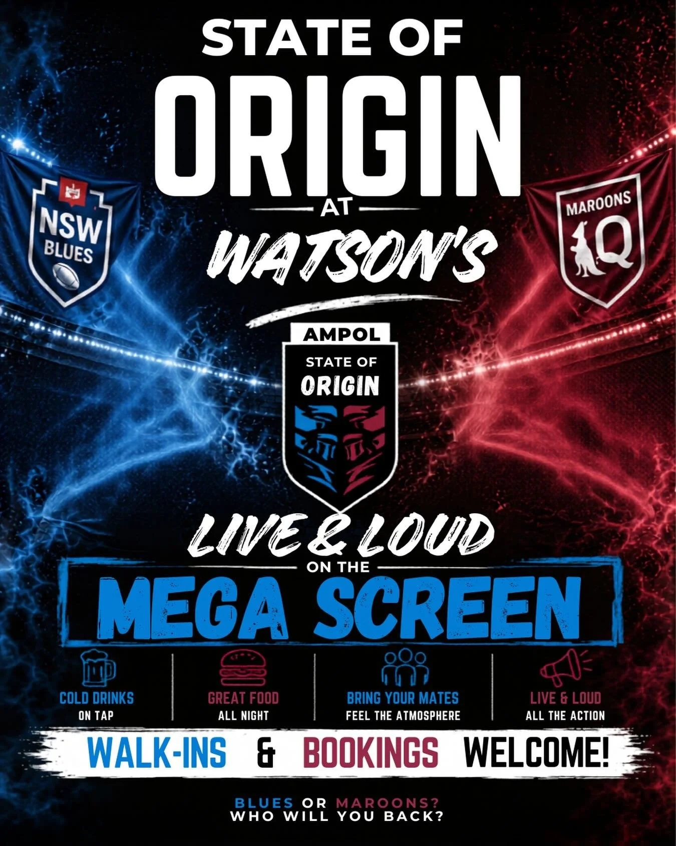 Join us this Wednesday for the State of Origin - Live &amp; Loud on the mega screen in the courtyard. Walk-in or book your spot in the beer garden. #stateoforigin #soo #blues #maroons #nrl