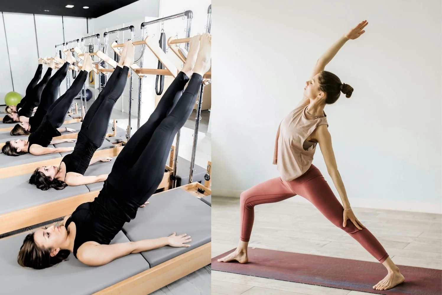 Pilates women training in a pilates studio and a women training yoga on a yoga mat
