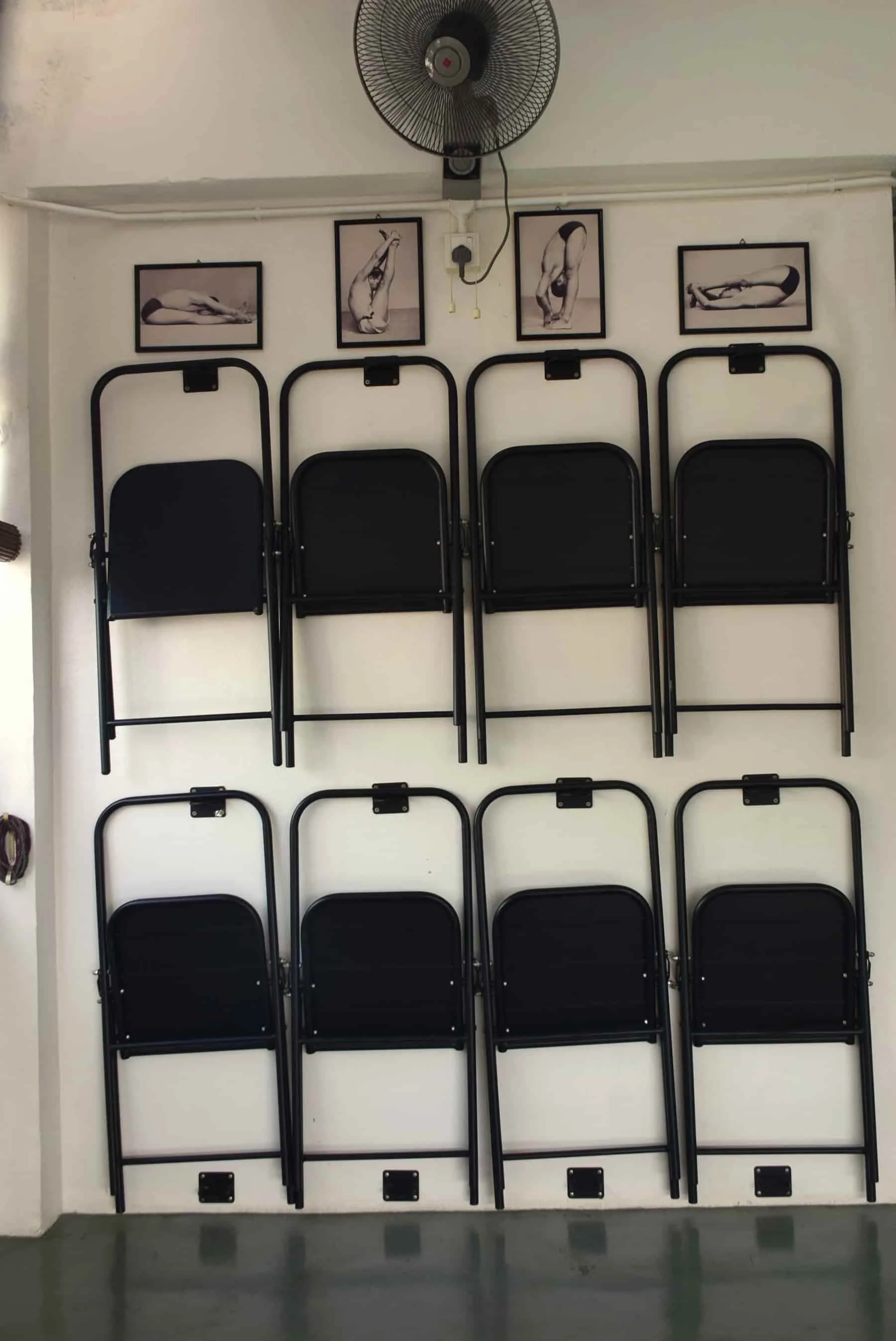 Iyengar yoga chairs hanging on Simple Life Yoga studio wall
