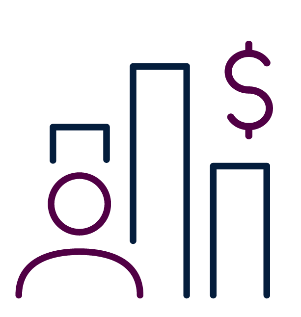 Outline of a person with a bar graph and a dollar sign behind them, representing financial or business concepts.