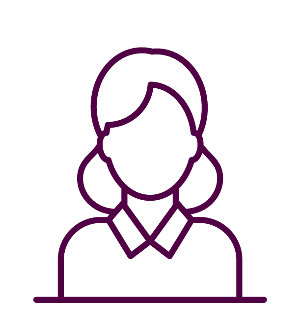 Outline of a woman with shoulder-length hair, wearing a collared shirt, depicted in purple lines.