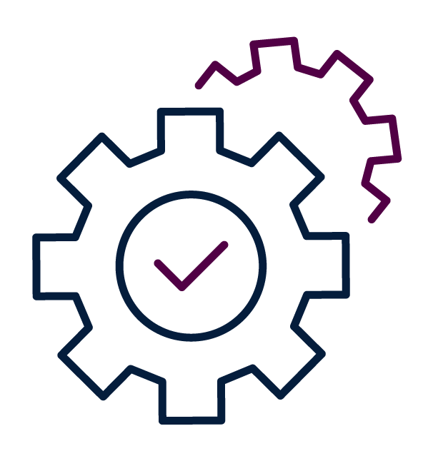 Line drawings of a gear, checkmark, and zigzag arrow, representing settings, approval, and process or progress.