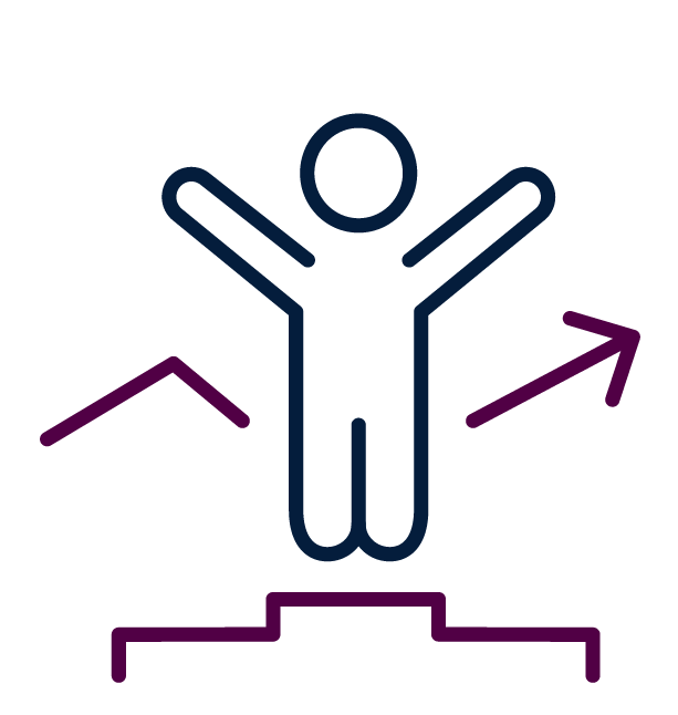 A simple line drawing of a person with arms raised, standing on a podium, with upward pointing arrows coming from both sides.