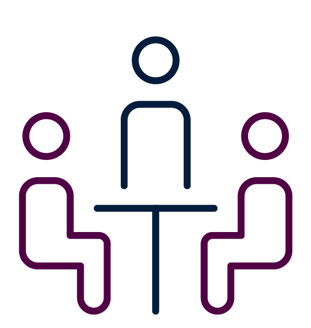 Illustration of three people, two sitting and one standing, around a table, representing a meeting or discussion.
