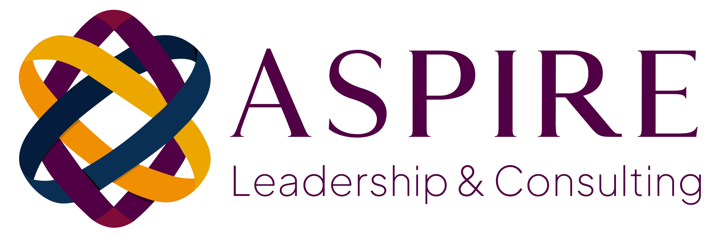 Logo of Aspire Leadership & Consulting featuring a colorful intertwined knot and purple text.