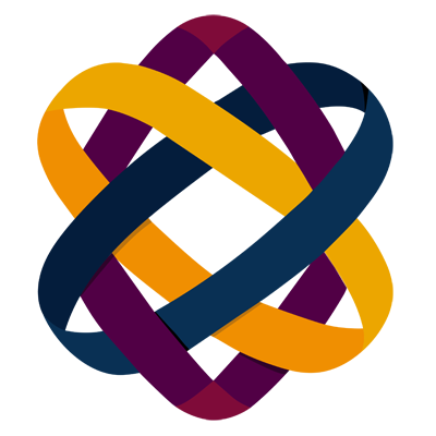 A colorful, intertwined ribbon knot with yellow, purple, and blue strands against a black background.