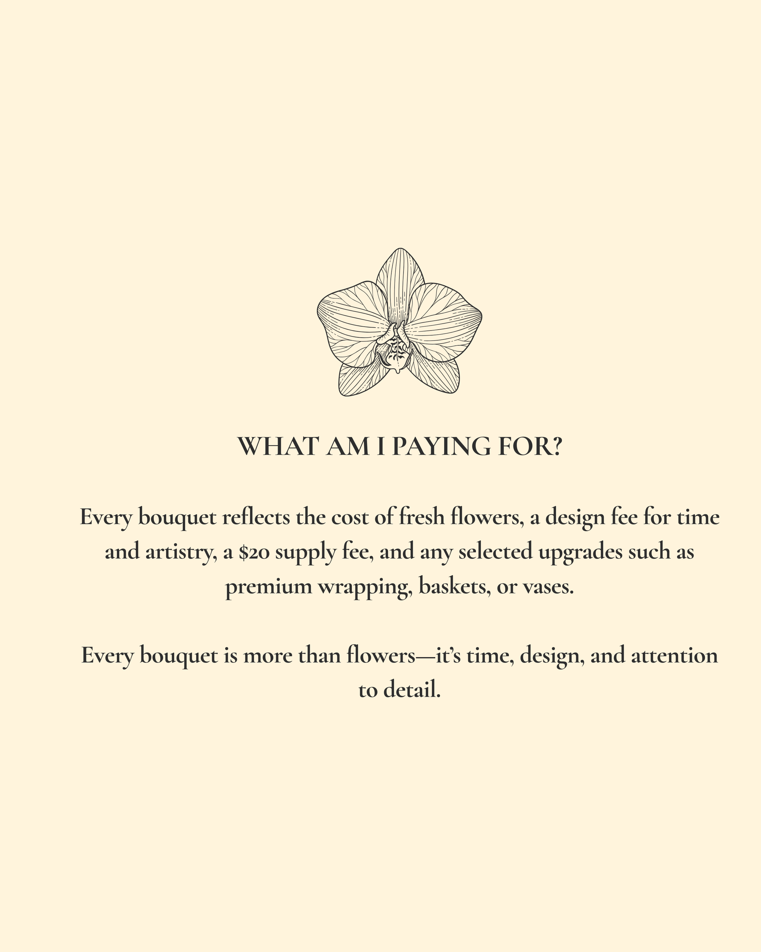 An informational card with a line drawing of a flower at the top and text explaining the costs associated with floral bouquets, including a design fee, supply fee, and upgrades.