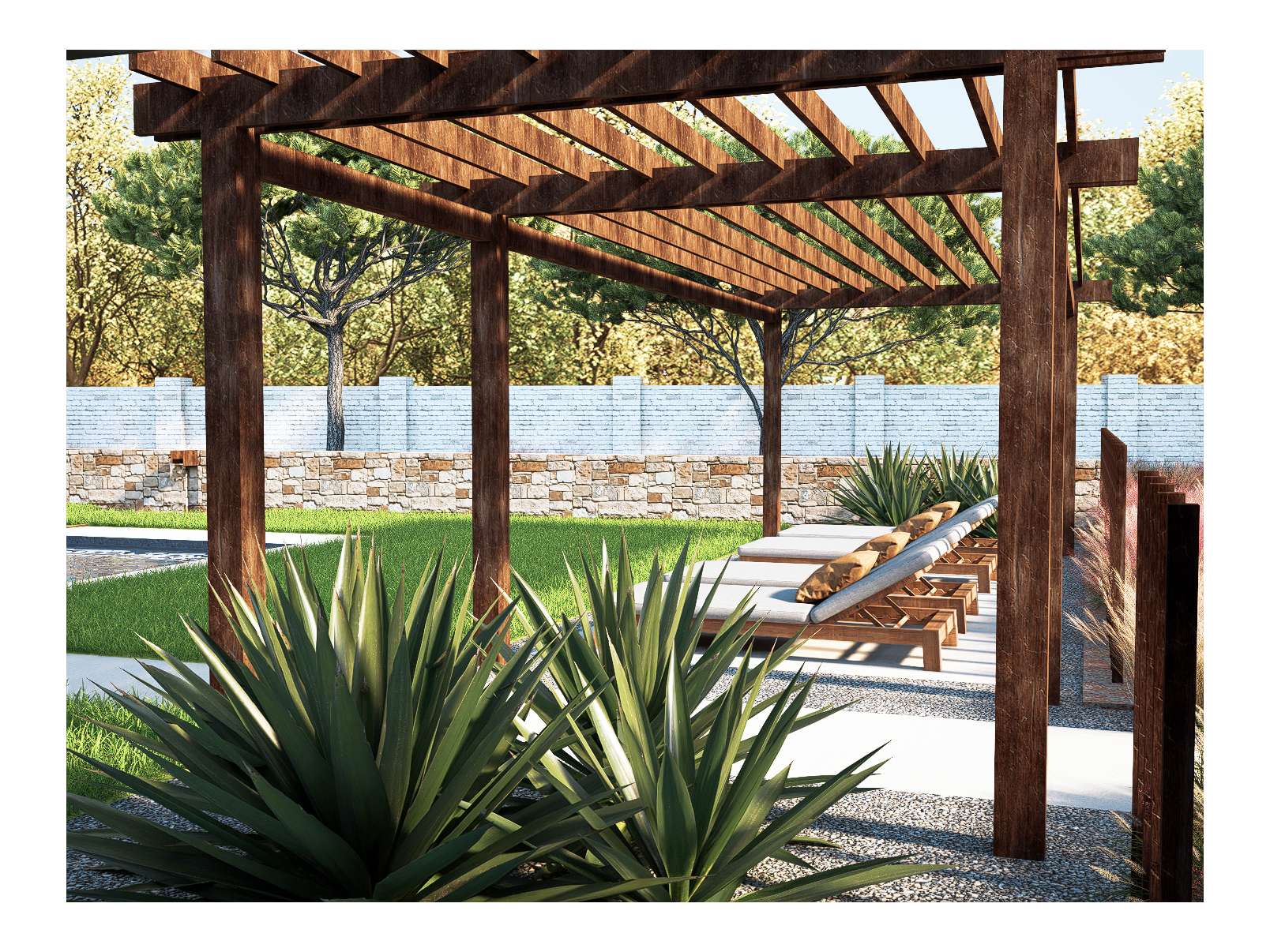 Backyard patio with a wooden pergola, modern lounge chairs, lush greenery, and a stone‑and‑brick privacy fence
