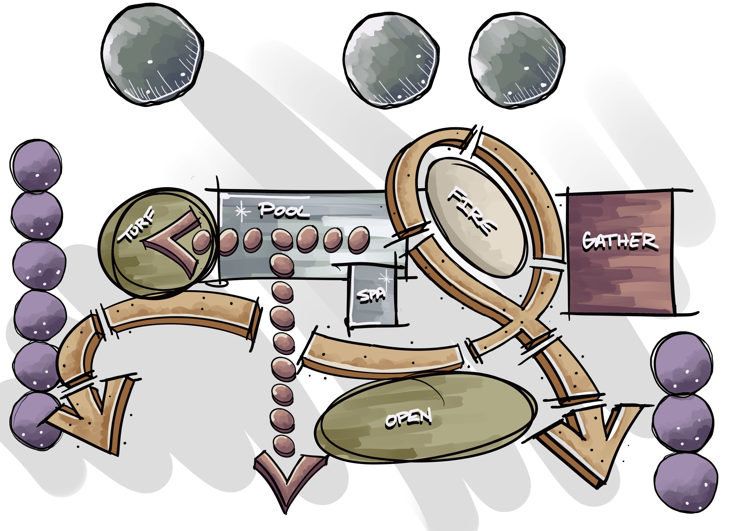 A colorful illustrated floor plan of a recreational facility featuring areas labeled as pool, spa, and gathering space, with curved pathways, seating, and decorative elements.