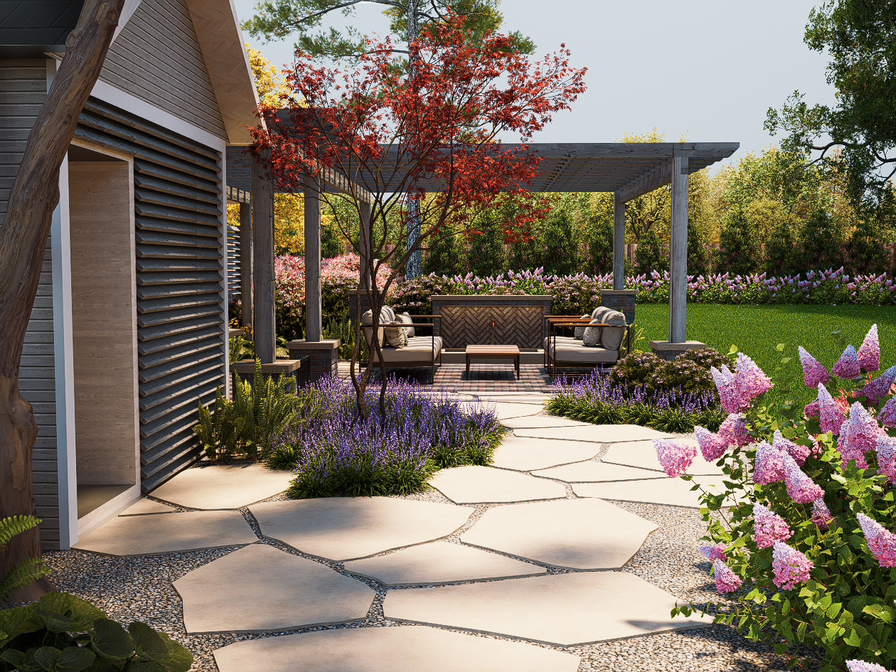 Backyard garden featuring a stone walkway, vibrant flowering plants, a red‑leafed ornamental tree, and a pergola‑shaded seating area.