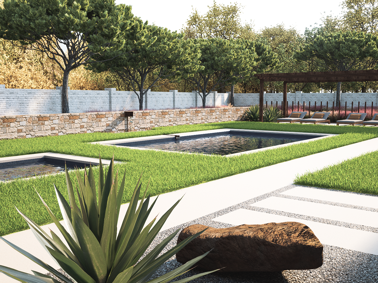 Contemporary backyard featuring a rectangular swimming pool, manicured grass, a stone wall, lounge seating, and mature trees.
