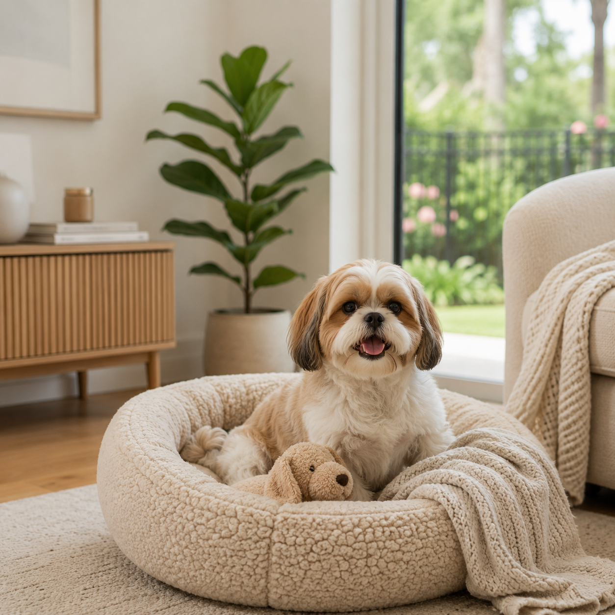 A happy small dog lying in a plush beige pet bed with a stuffed toy in a cozy living room with large window, green plants, and modern furniture.