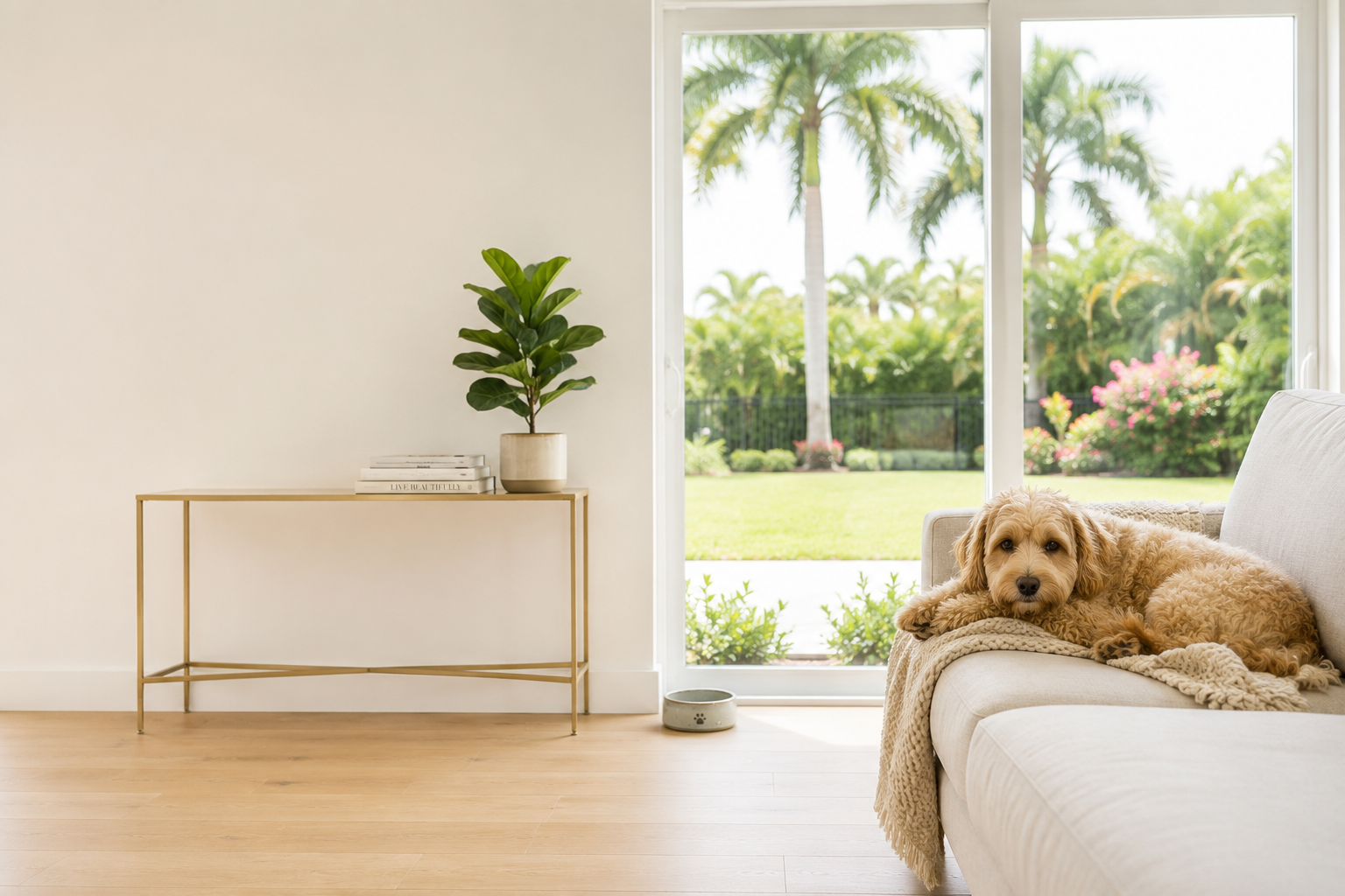 A cozy living room with a beige dog resting on a cream-colored sofa near a large window overlooking a lush green garden with palm trees and pink flowering bushes.