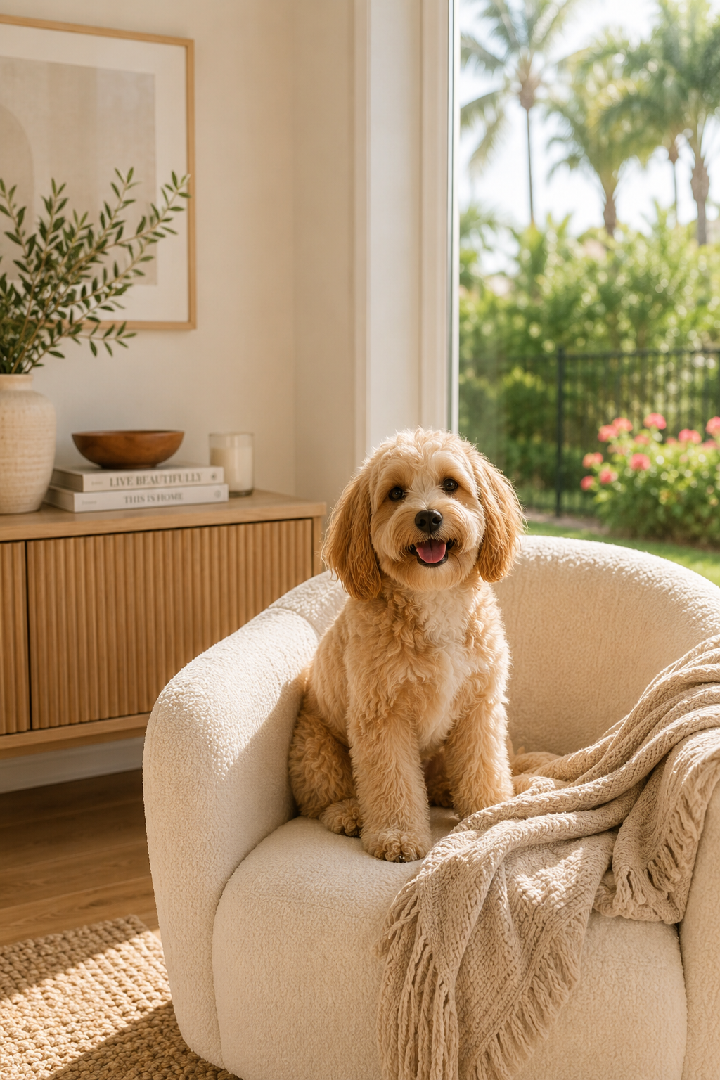 A cute golden retriever puppy sitting inside a beige armchair near a window, with outdoor greenery and pink flowers visible.