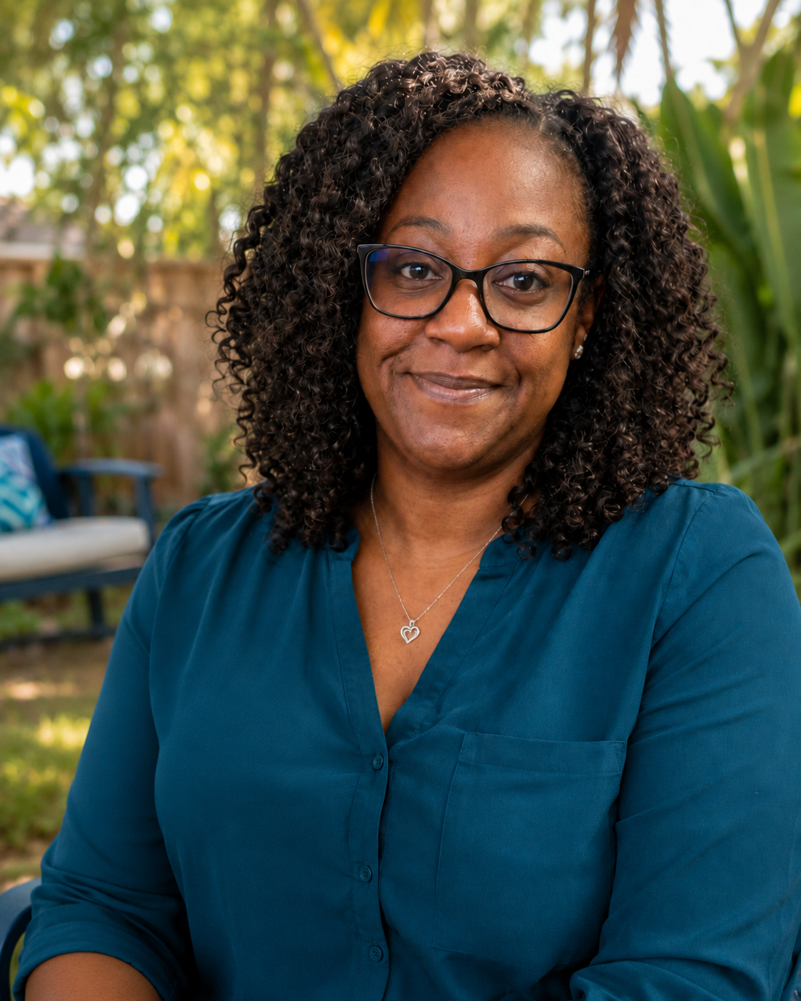 A woman with curly black hair, wearing glasses and a blue blouse, smiling outdoors with greenery and a bench in the background.