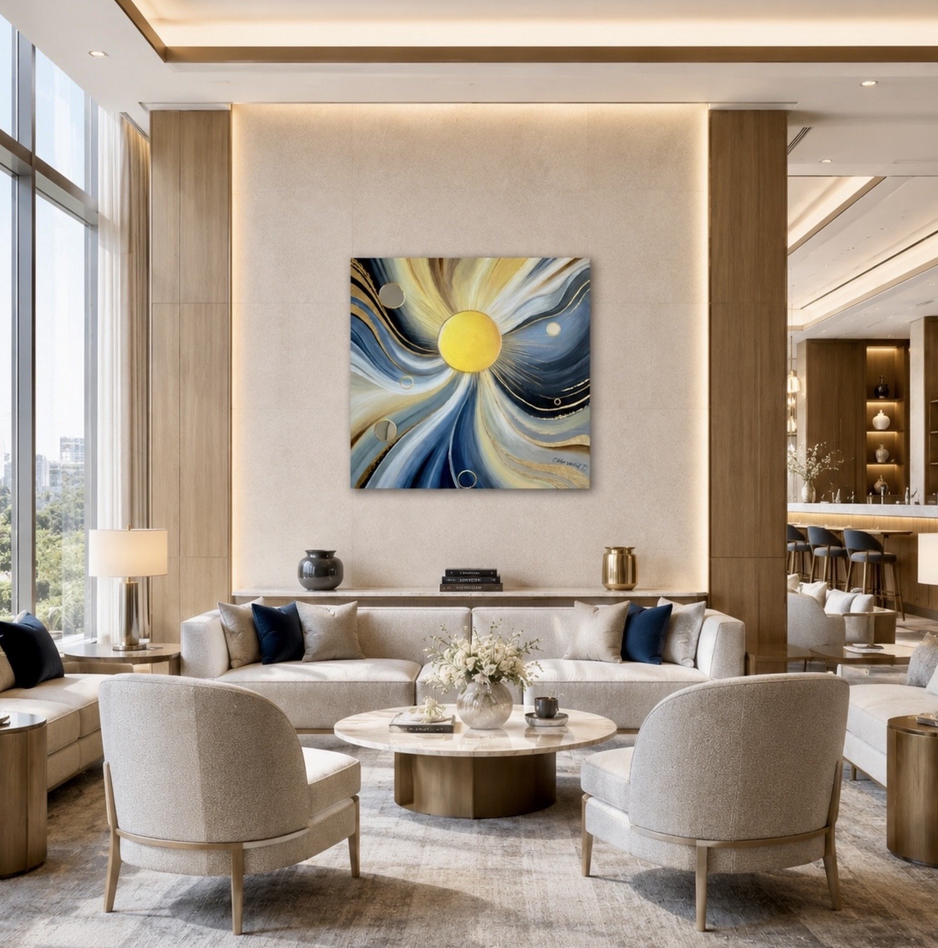 Centre of Becoming, original abstract painting by Morvarid Dastjerdi displayed in a contemporary interior