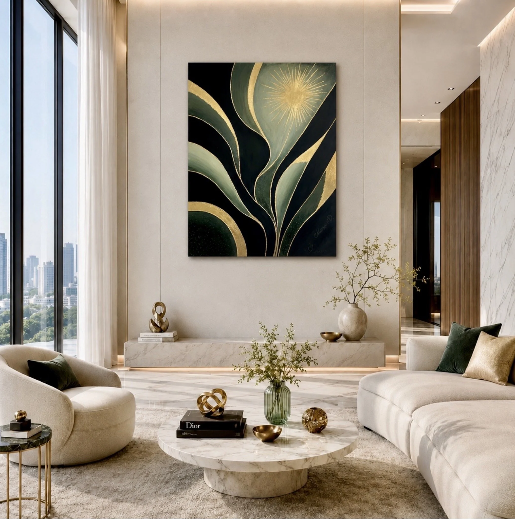 The Rising Light, original abstract painting by Morvarid Dastjerdi displayed in a contemporary interior