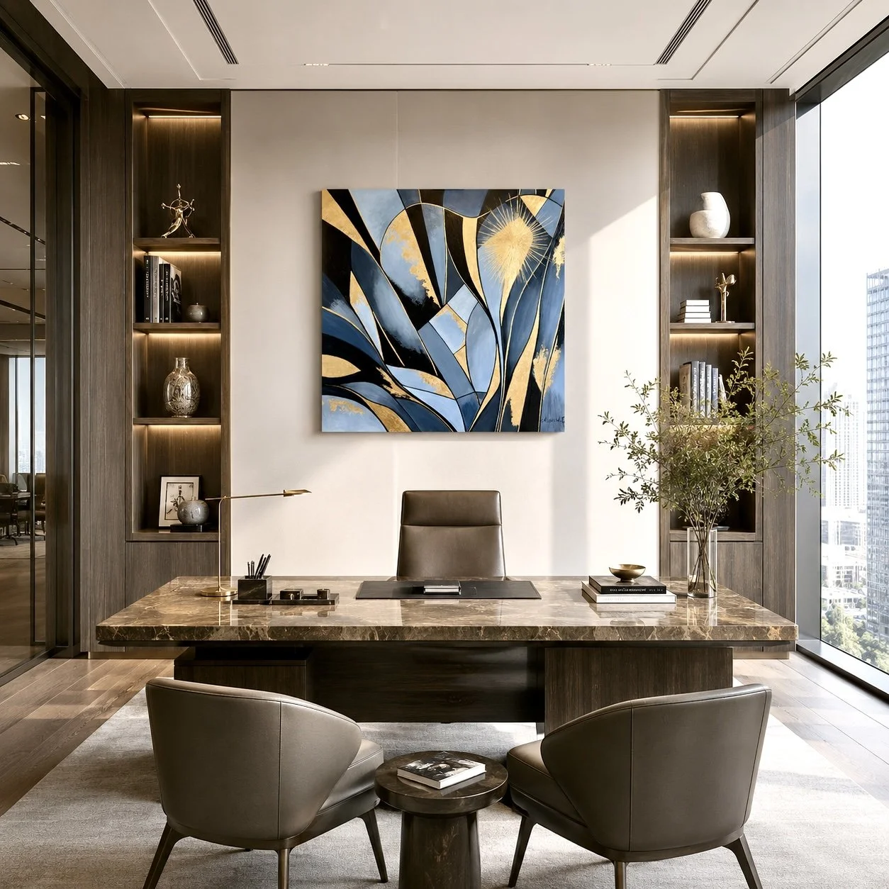 Golden Echoes, original abstract painting by Morvarid Dastjerdi displayed in a contemporary interior