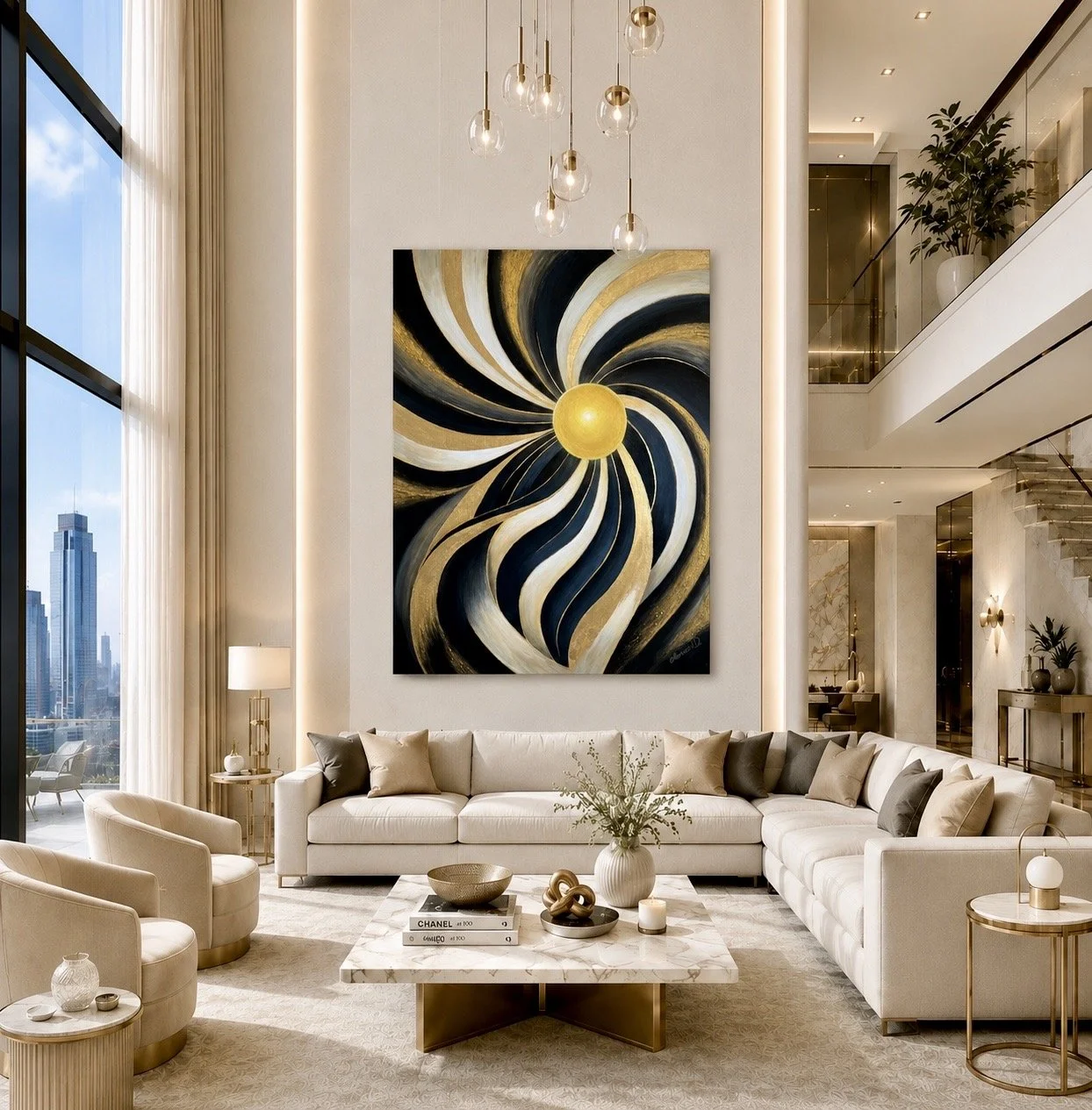 Orbits of Becoming, Original abstract painting by Morvarid Dastjerdi displayed in a contemporary interior