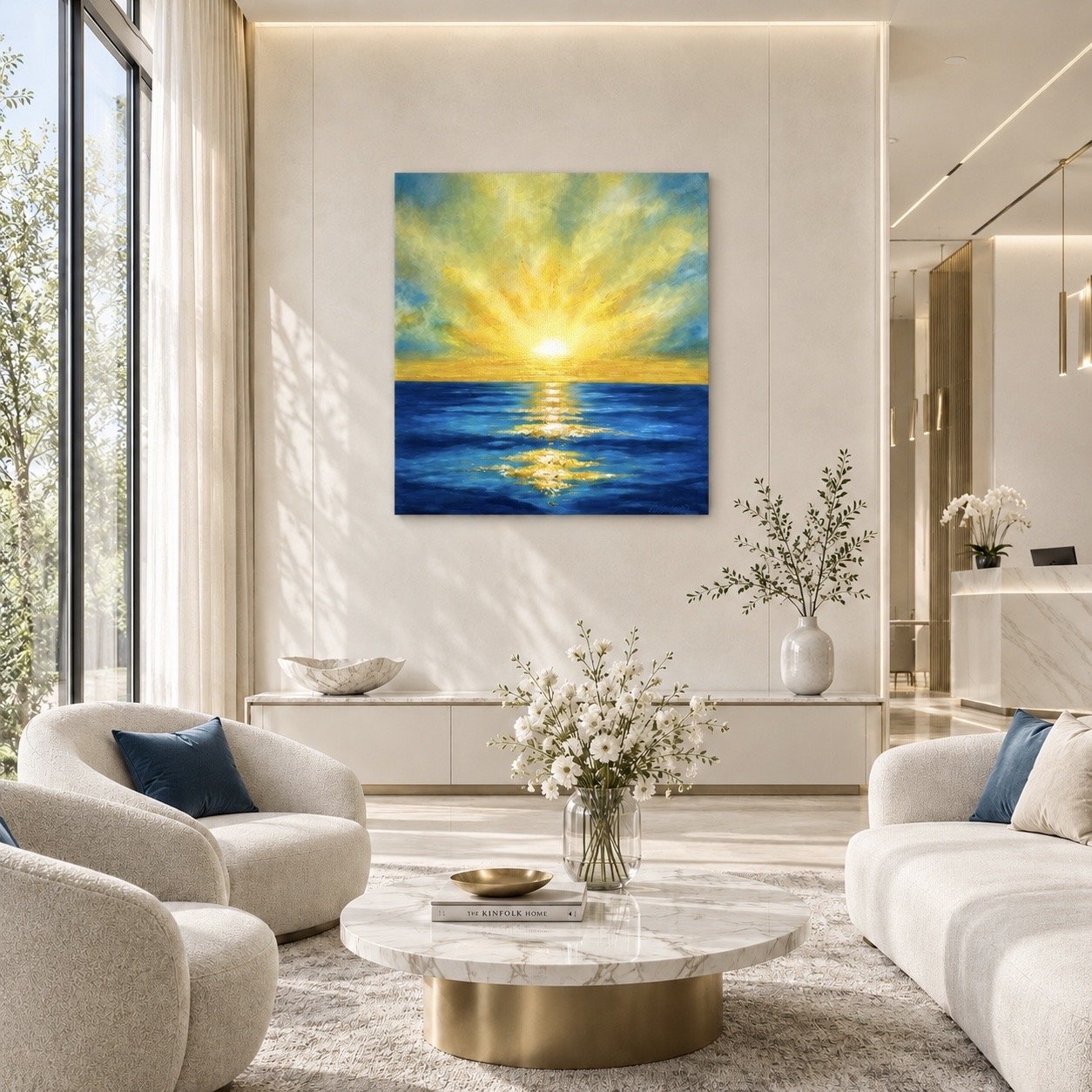Golden Horizon, original abstract painting by Morvarid Dastjerdi displayed in a contemporary interior